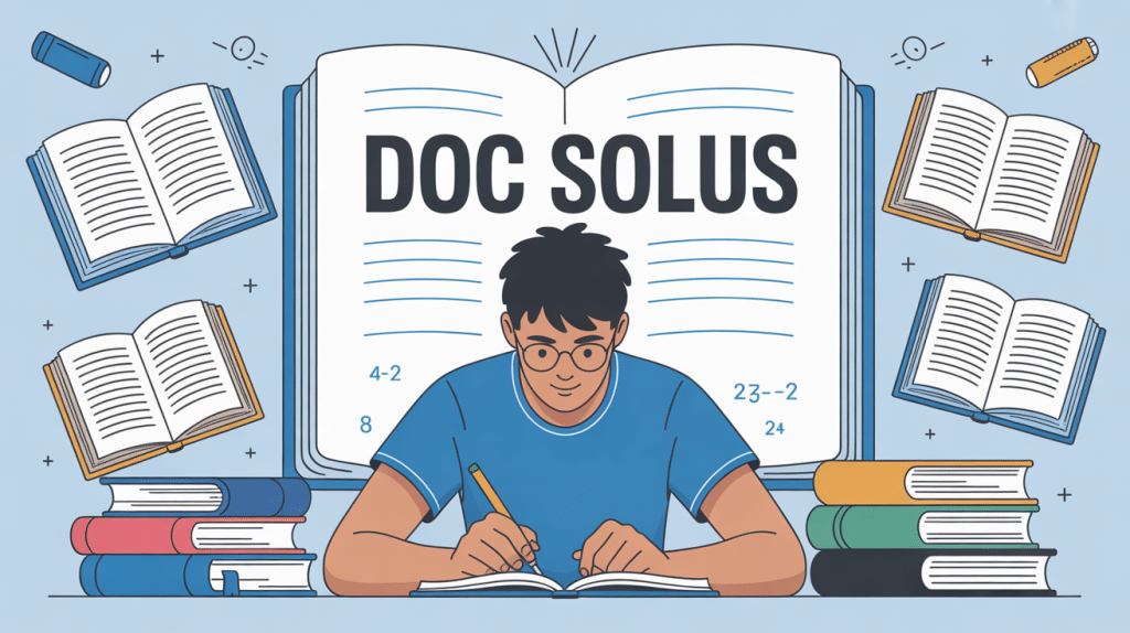 étudiant concentré travaillant avec doc solus exercices mathématiques et physique