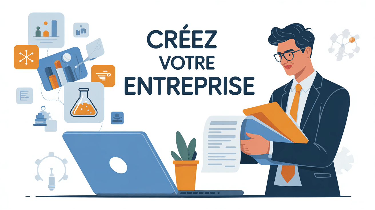 Illustration entrepreneur stylisé avec icônes création entreprise