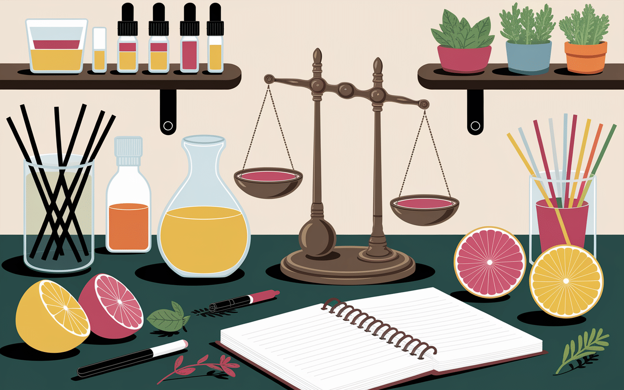 Laboratoire artisanal avec fruits et liquides colorés