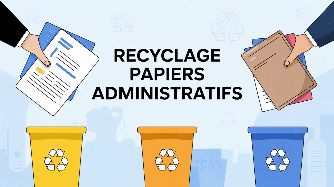 Mains triant papiers administratifs poubelle jaune bleue