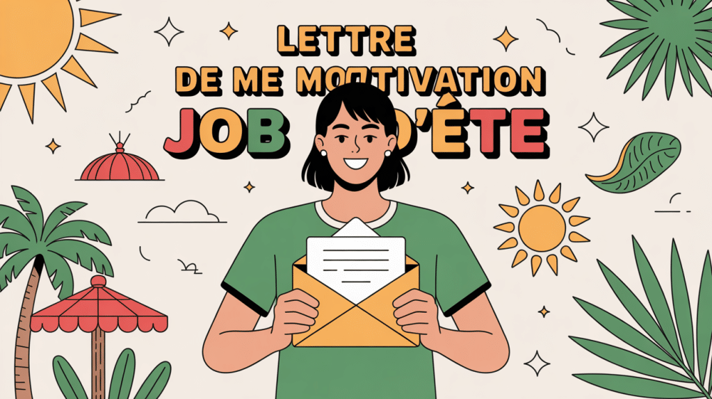 Illustration lettre de motivation job d'été jeune personne enveloppe éléments estivaux