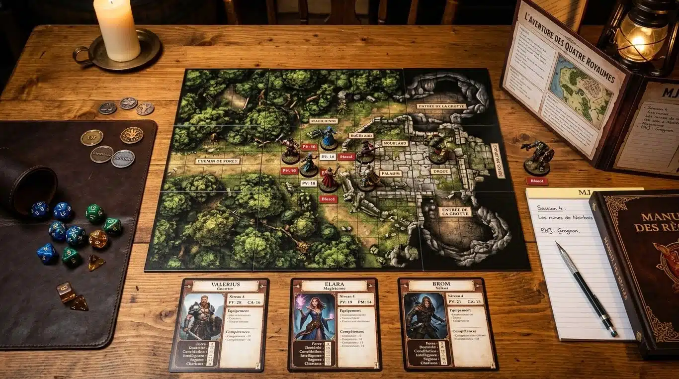Mise en situation d'un jeu de rôle sur plateau avec figurines et cartes