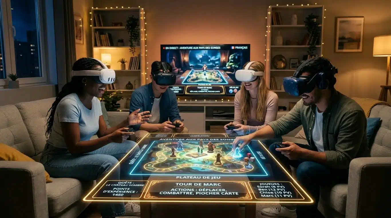 Amis jouant à un jeu de société en réalité virtuelle dans un salon moderne