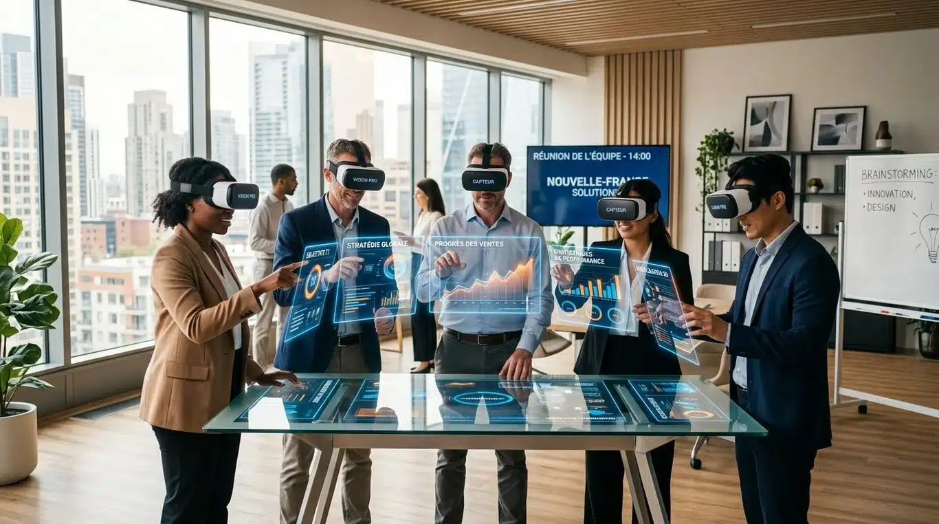 Équipe professionnelle utilisant la réalité virtuelle pour une session de team building innovant