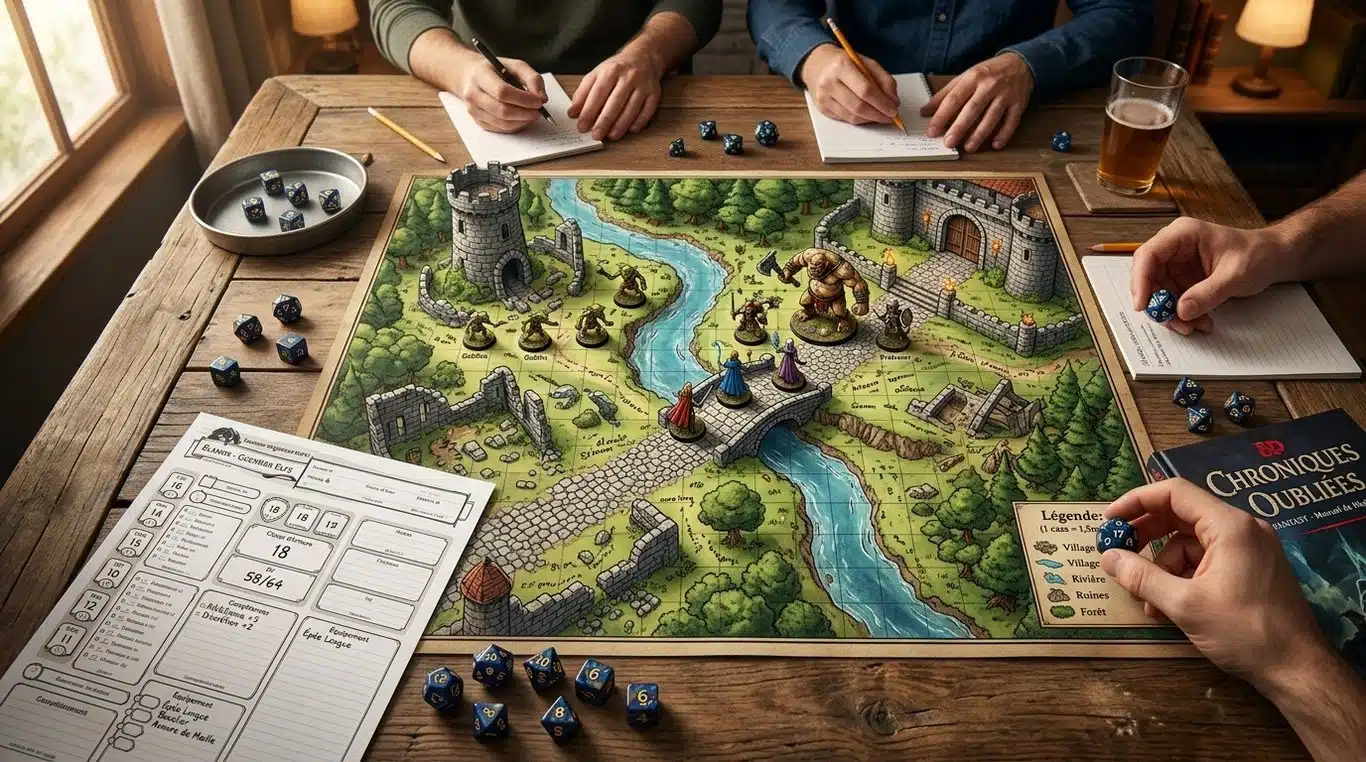 Mise en situation d'une partie de jeu de rôle avec une battlemap détaillée et des figurines.