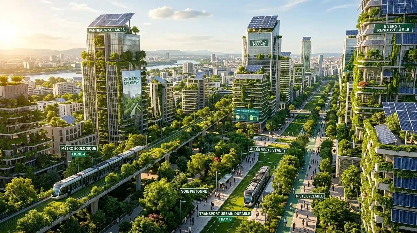 Vue d'artiste d'une ville écologique du futur avec architecture biophilique et espaces verts.