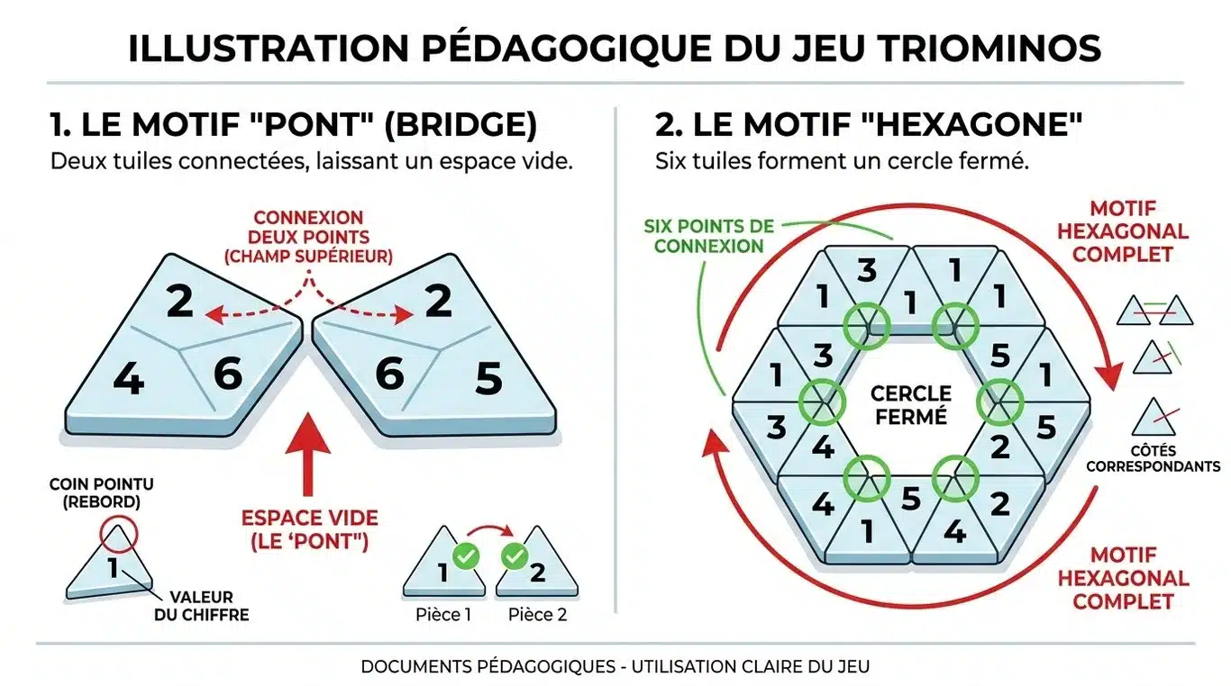 Schéma illustrant les figures bonus du Triomino : le Pont et l'Hexagone pour faciliter la compréhension des règles.