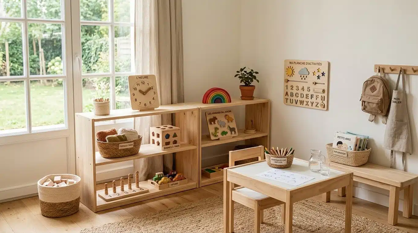 Aménagement d'un espace de jeu Montessori pour enfant de 3 ans avec étagères basses en bois