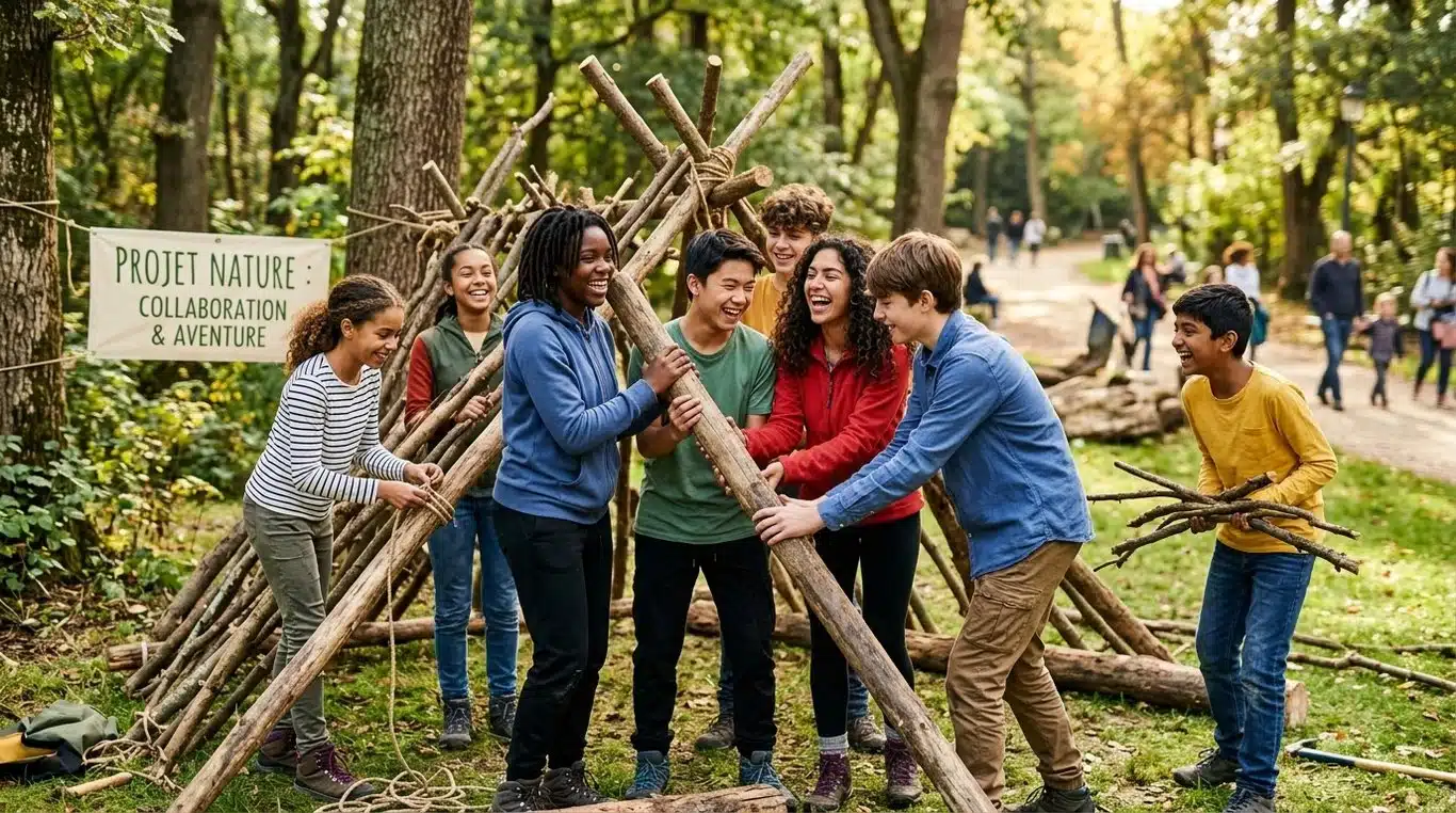 Groupe d'adolescents participant à une activité collaborative en extérieur