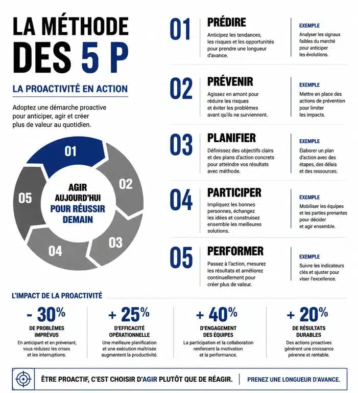 Infographie de la méthode des 5 P pour être proactif au travail : Prédire, Prévenir, Planifier, Participer, Performer.