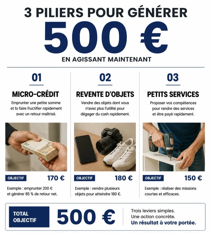 Infographie sur les méthodes pour gagner 500 euros rapidement : micro-crédit, vente d'objets et jobbing.