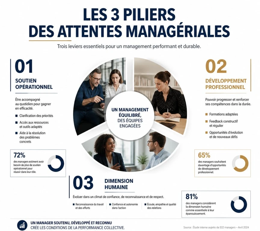 Infographie sur les attentes managériales en entretien d'embauche : soutien, développement et dimension humaine.