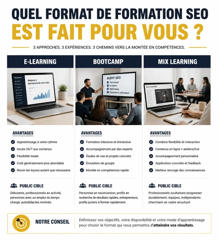 Comparatif des formats de formation SEO éligibles au CPF : e-learning, bootcamp et hybride
