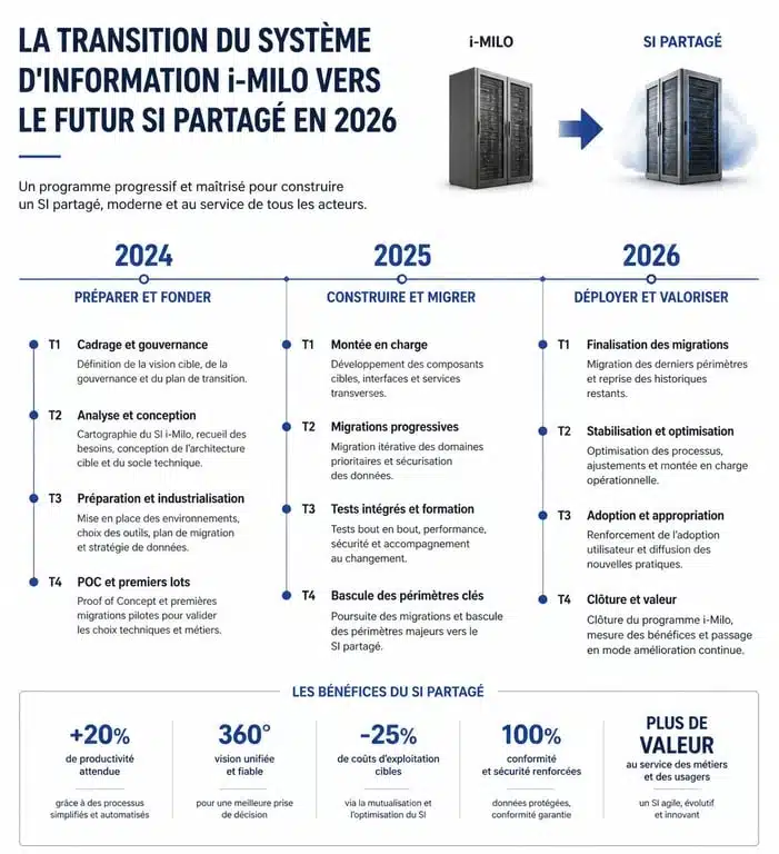 Infographie de la transition du système d'information i-Milo vers le SI partagé 2026