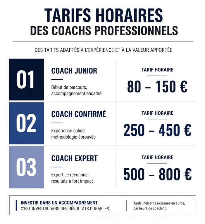 Infographie des tarifs moyens d'un coach professionnel en France selon le niveau d'expertise