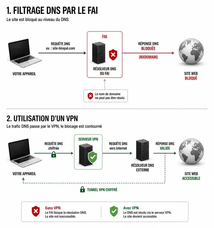 Schéma explicatif du fonctionnement du filtrage DNS et de l'accès sécurisé à Sorlav via VPN