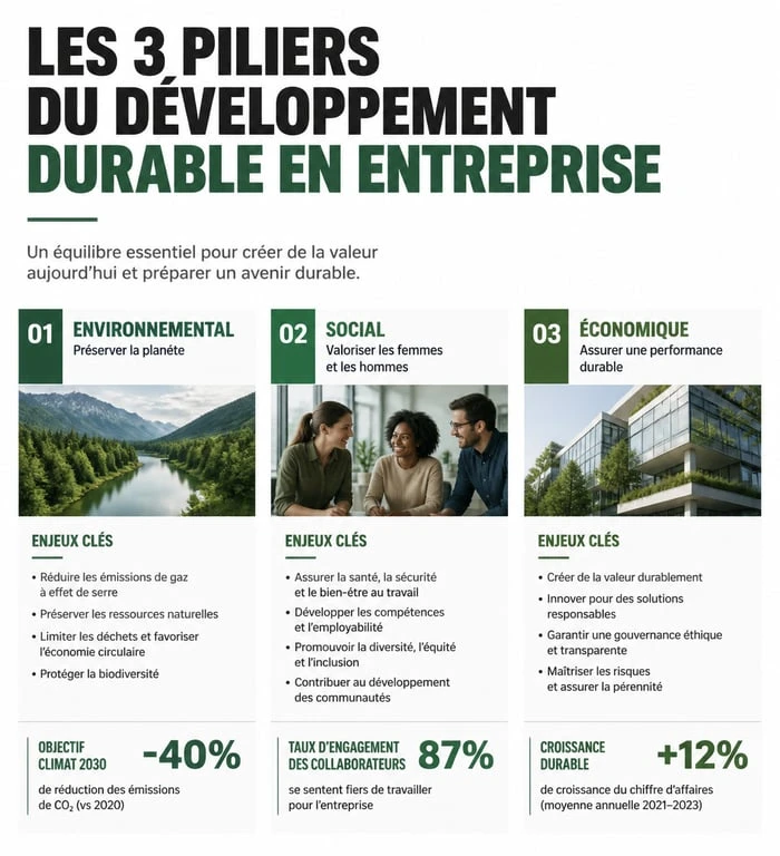 Les trois piliers de l'entreprise du développement durable : environnement, social et économie