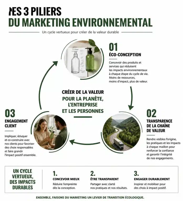 Infographie des piliers du marketing environnemental et de la stratégie éco-responsable