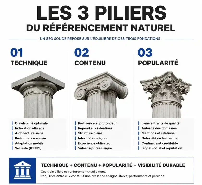 Les 3 piliers du référencement naturel pour formation SEO débutant