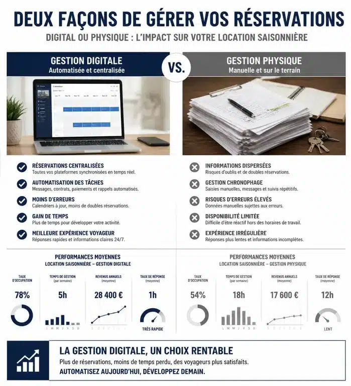 Comparatif gestion digitale et conciergerie locale pour location saisonnière Book and Pay