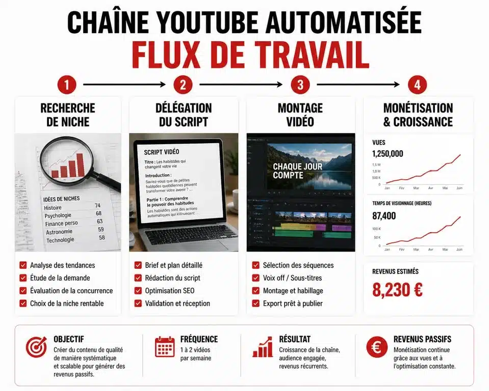 Schéma du processus de création d'une chaîne YouTube automatisée YTBusiness