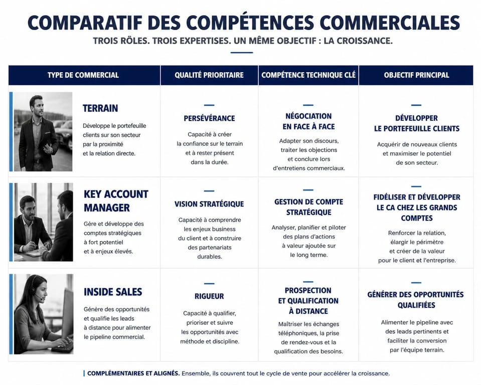 Tableau comparatif des qualités d'un commercial selon le métier : terrain, key account manager et inside sales