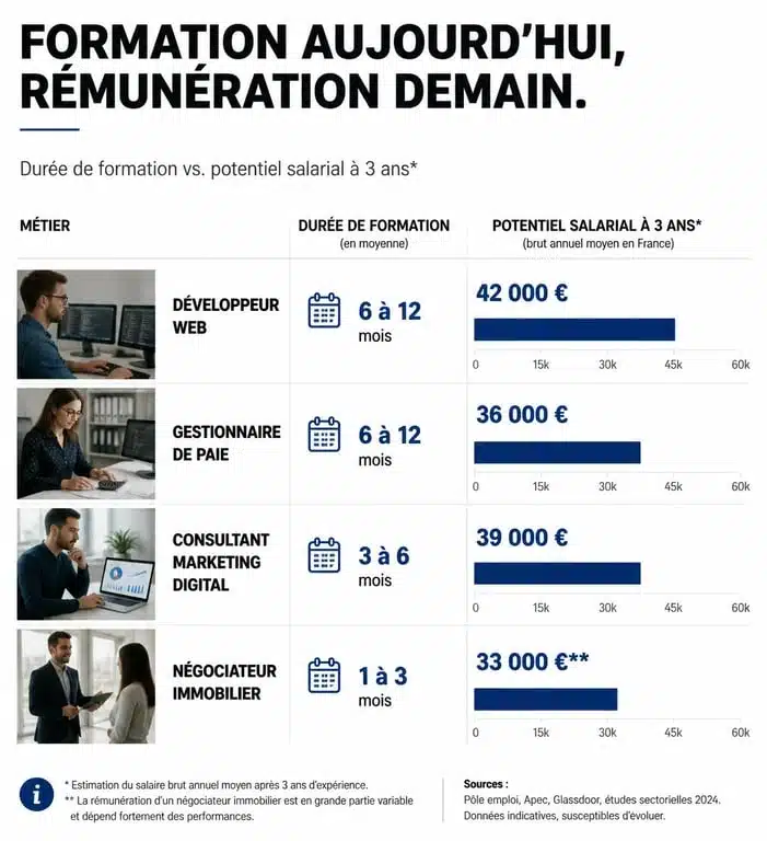 Infographie comparative des salaires et durée de formation oulala.net