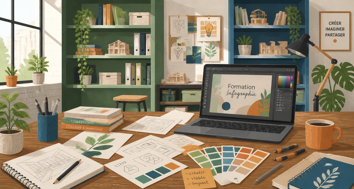 atelier formation infographie avec ordinateur et croquis