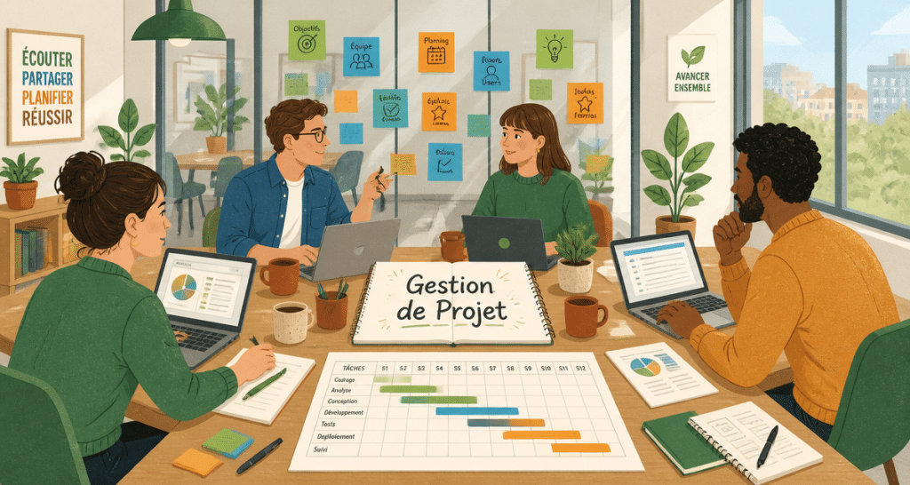 Équipe autour d'une table illustrant la gestion de projet métier