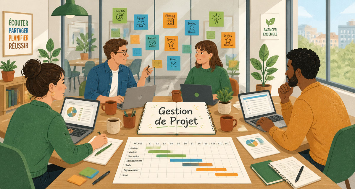 Équipe autour d'une table illustrant la gestion de projet métier