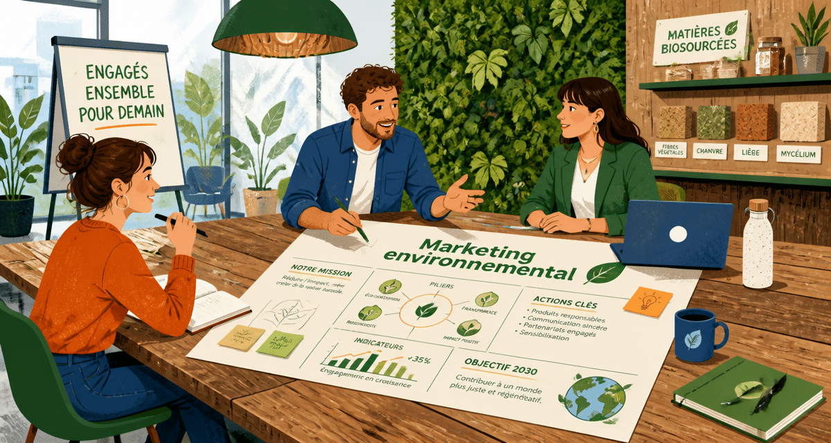 Réunion sur le marketing environnemental autour d'une table en bois recyclé