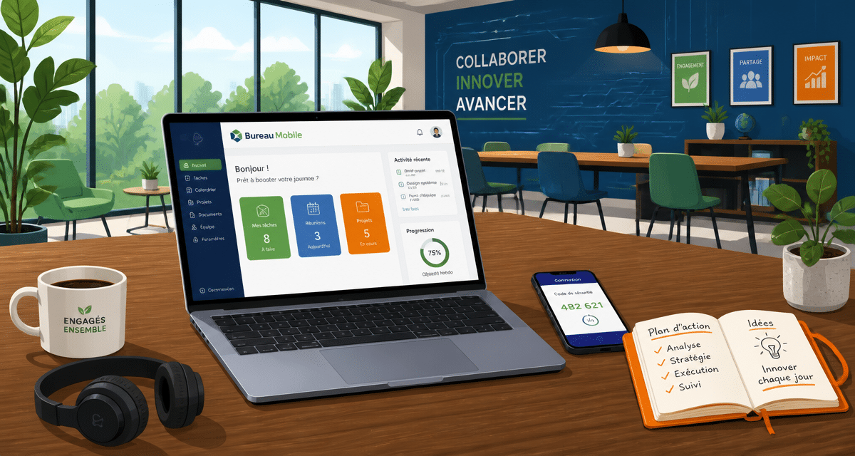 Mon bureau mobile dans un espace coworking moderne