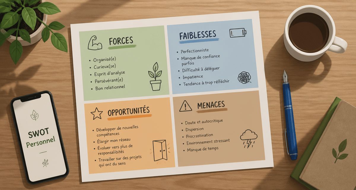 swot personnel quadrants colorés sur bureau