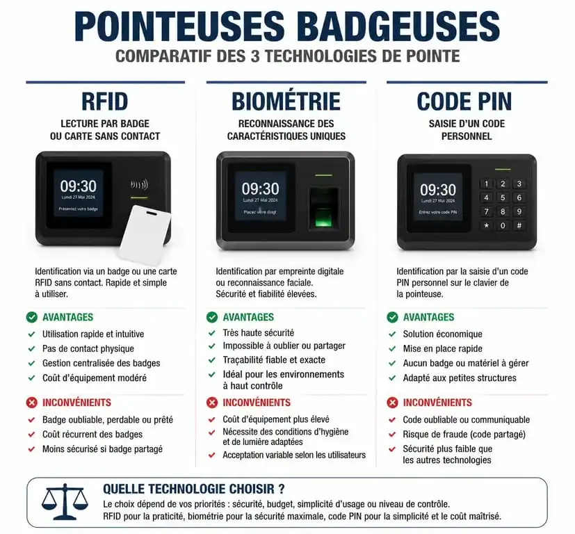 Comparatif des technologies de pointeuse badgeuse : RFID, biométrie et code PIN