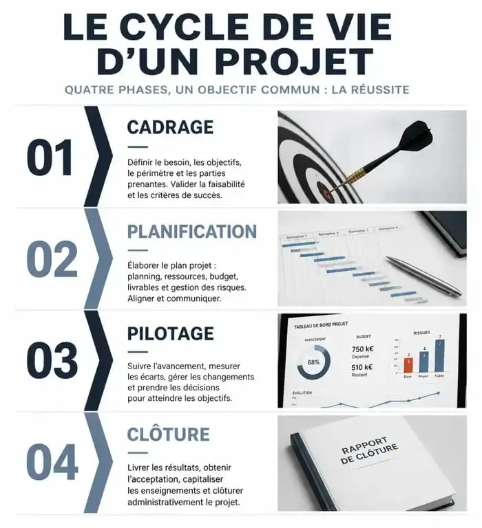 Infographie illustrant les étapes clés d'une formation chef de projet et le cycle de vie d'un projet