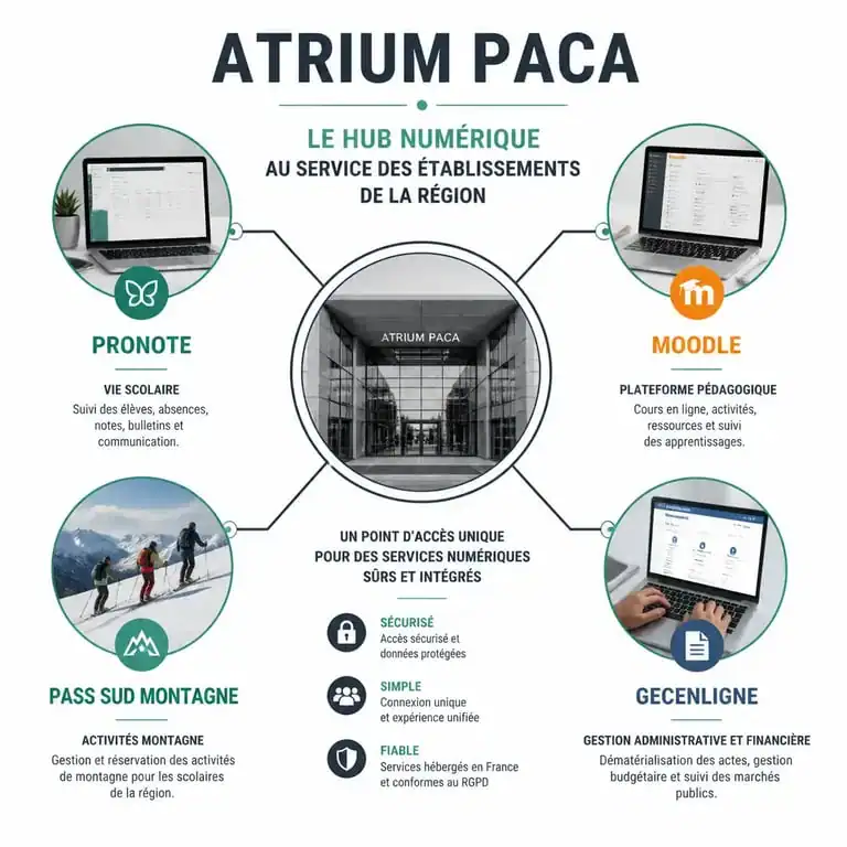 Infographie des services et fonctionnalités disponibles sur le portail Atrium PACA