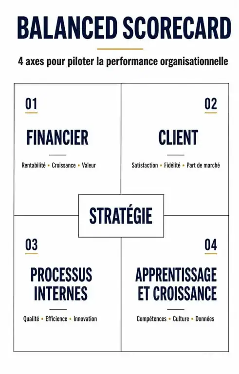 Infographie des quatre axes du Balanced Scorecard pour mesurer la performance organisationnelle
