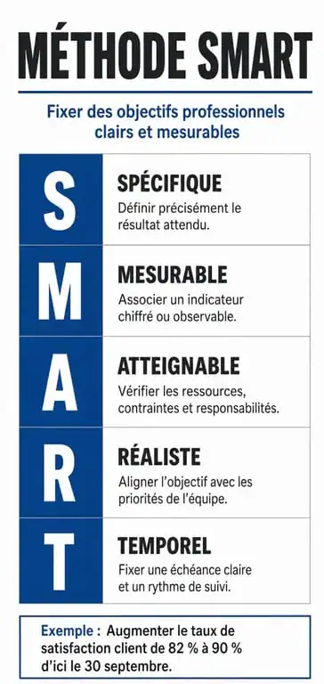Infographie de la méthode SMART pour définir les objectifs de l'entretien annuel