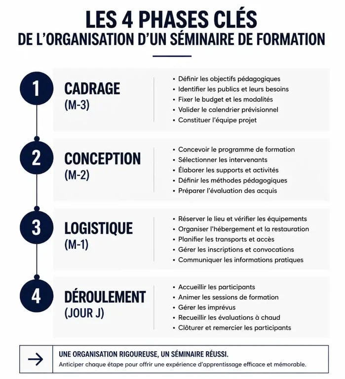 Infographie des 4 étapes pour organiser un séminaire de formation réussi