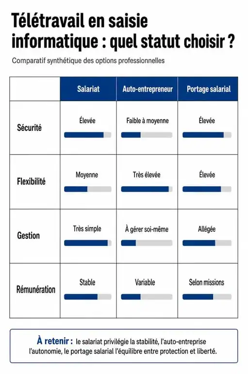 Comparatif des statuts pour le télétravail à domicile en saisie informatique : salarié, auto-entrepreneur ou portage salarial.