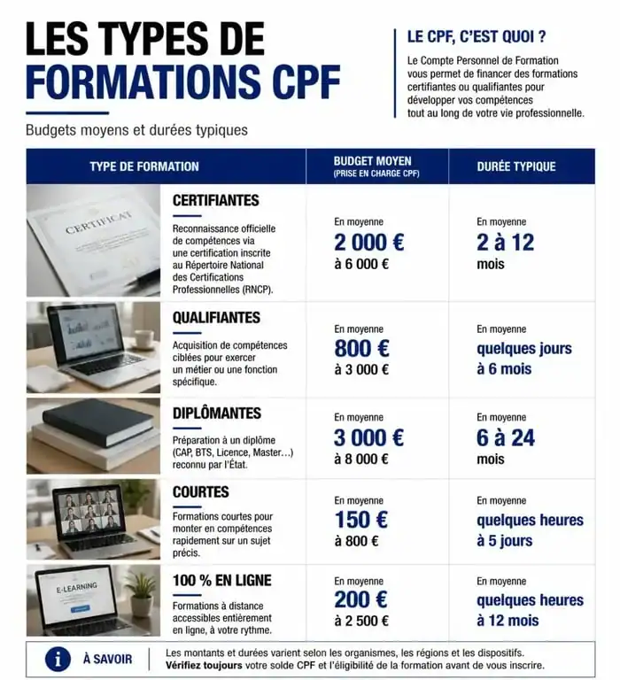 Infographie comparative des idées de formation CPF : budget et durée par type de projet professionnel
