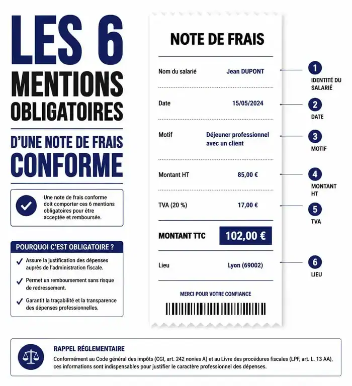 Infographie des mentions obligatoires pour un tableau de note de frais conforme