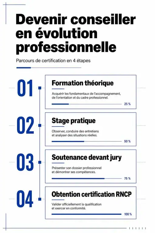 Infographie des étapes de la formation conseiller en évolution professionnelle et obtention du titre RNCP