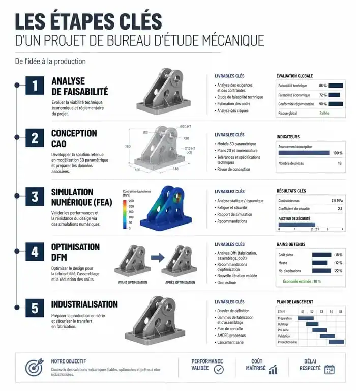 Schéma du processus de conception dans un bureau d'étude mécanique, de la faisabilité à l'industrialisation