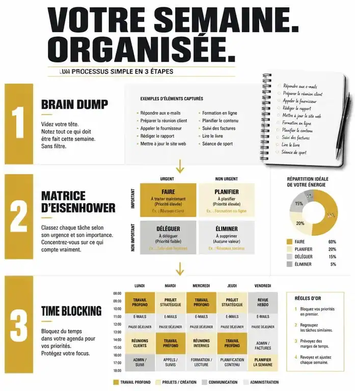 Infographie des étapes pour une organisation semaine efficace : Brain Dump, Matrice d'Eisenhower et Time Blocking