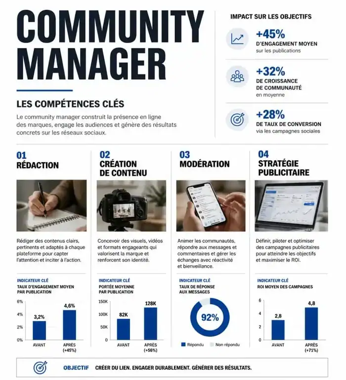 Infographie des compétences clés pour une formation community management