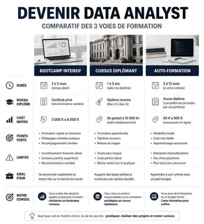 Infographie comparative des formations pour une reconversion en data analyst
