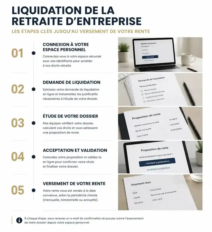 Étapes de la liquidation de la retraite d'entreprise sur la plateforme Ma Retraite Entreprise