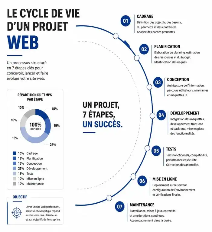Schéma du cycle de vie d'un projet web : de la gestion de projet web au lancement
