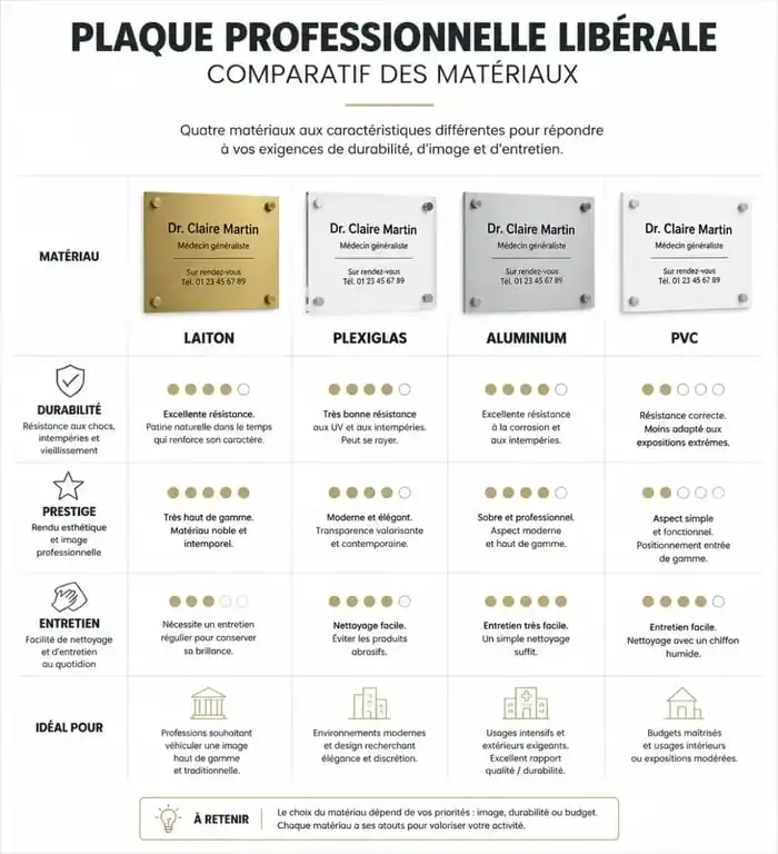 Comparatif des matériaux pour plaque profession libérale : laiton, plexiglas, aluminium et PVC